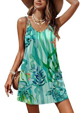 Womens Green Polyester Swimsuit Coverup Beach Bathing Suit Swim Coverup Printed